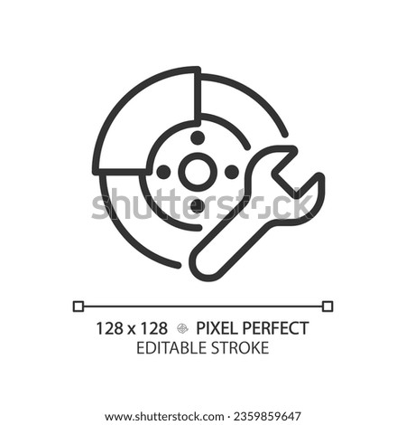 2D pixel perfect editable black car disc brake repair icon, isolated vector, thin line simple illustration representing car service and repair.
