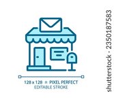 2D pixel perfect editable blue post office icon, isolated vector, building thin line illustration.