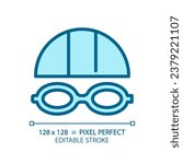 2D pixel perfect editable blue swimming goggles icon, isolated monochromatic vector, thin line illustration representing eye care.