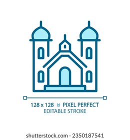 2D pixel perfect editable blue religious building icon, isolated vector, thin line illustration.