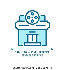 2D pixel perfect editable blue theater icon, isolated vector, building thin line illustration.
