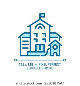 2D pixel perfect editable blue building with flag icon, isolated vector, building thin line illustration.