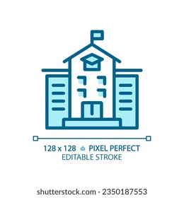 2D pixel perfect editable blue school icon, isolated vector, building thin line illustration.