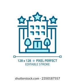 2D pixel perfect editable blue hotel icon, isolated vector, building thin line illustration.