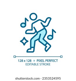 2D pixel perfect editable blue dance icon, isolated vector, thin line illustration.