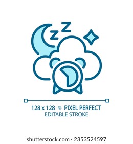 2D pixel perfect editable blue good sleep icon, isolated vector, meditation thin line illustration.