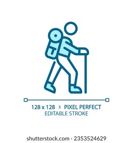 2D pixel perfect editable blue hiking icon, isolated vector, thin line illustration.