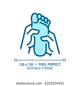 Icono de masaje de pie azul de píxeles 2D perfecto editable, vector aislado, ilustración de línea delgada.