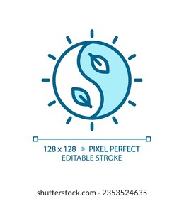 2D pixel perfect editable blue yin and yang icon, isolated vector, meditation thin line illustration.