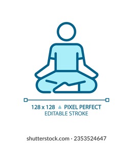 Icono de posición de loto azul editable en píxeles 2D, vector aislado, ilustración de línea delgada meditación.
