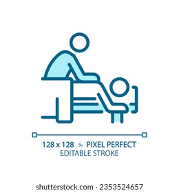 2D pixel perfect editable blue body massage icon, isolated vector, meditation thin line illustration.