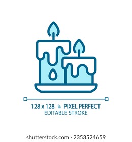 2D pixel perfect editable blue candles icon, isolated vector, meditation thin line illustration.