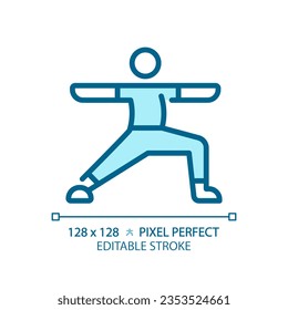 2D pixel perfect editable blue yoga exercise icon, isolated vector, meditation thin line illustration.