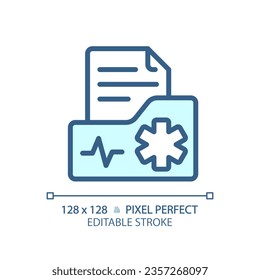 2D pixel perfect editable blue medical record icon, isolated vector, thin line document illustration.