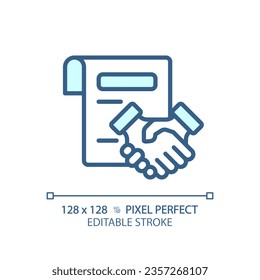 2D pixel perfect editable blue agreement icon, isolated vector, thin line document illustration.