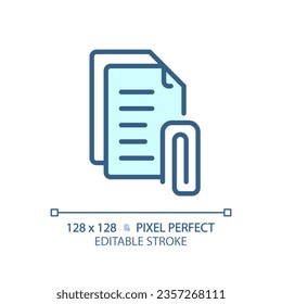 Icono de adjunto azul editable de píxeles 2D, vector aislado, ilustración de documento de línea delgada.