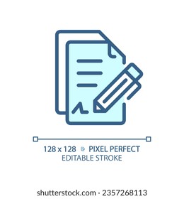 2D pixel perfect editable blue contract icon, isolated vector, thin line document illustration.