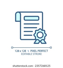 2D pixel perfect editable blue certificate icon, isolated vector, thin line document illustration.