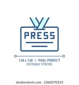 2D pixel perfect editable blue press ID card icon, isolated vector, thin line illustration representing journalism.