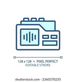 2D pixel perfect editable blue voice recorder icon, isolated vector, thin line illustration representing journalism.