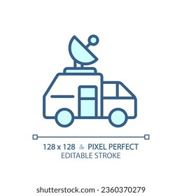 2D pixel perfect editable blue news satellite van icon, isolated vector, thin line illustration representing journalism.