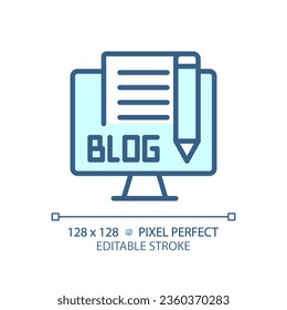 2D pixel perfect editable blue blog icon, isolated vector, thin line illustration representing journalism.