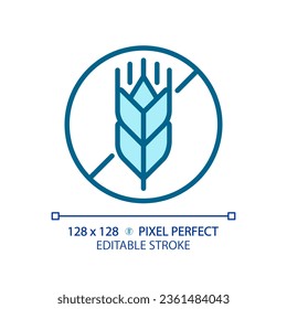 2D pixel perfect editable blue gluten free icon, isolated vector, thin line illustration representing allergen free.