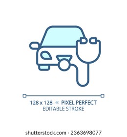 Icono de estado del coche azul editable de píxeles 2D, vector aislado, ilustración de línea delgada que representa el servicio y reparación del coche.