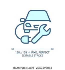 2D pixel perfect editable blue electric car charging icon, isolated vector, thin line illustration representing car service and repair.