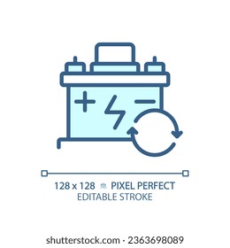 2D pixel perfect editable blue car battery icon, isolated vector, thin line illustration representing car service and repair.