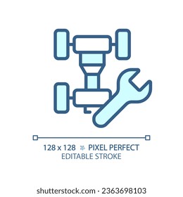 2D pixel perfect editable blue car chassis repair icon, isolated vector, thin line illustration representing car service and repair.