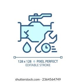 2D pixel perfect editable blue pipe leakage with time and wrench icon, isolated vector, thin line illustration representing plumbing.