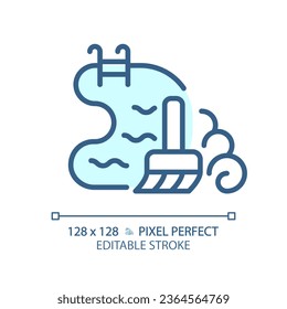 2D pixel perfect editable blue swimming pool cleaning icon, isolated vector, thin line illustration representing plumbing.