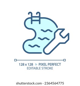 2D pixel perfect editable blue swimming pool maintenance icon, isolated vector, thin line illustration representing plumbing.