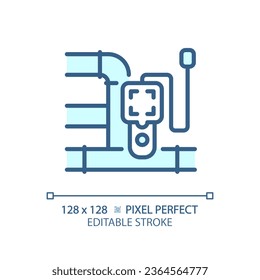 2D pixel perfect editable blue pipeline and device icon, isolated vector, thin line illustration representing plumbing.