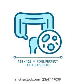 2D pixel perfect editable blue intestine with bacteria icon, isolated monochromatic vector, thin line illustration representing bacteria.