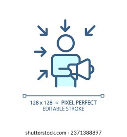 2D pixel perfect editable blue promotion icon, isolated vector, thin line illustration representing soft skills.