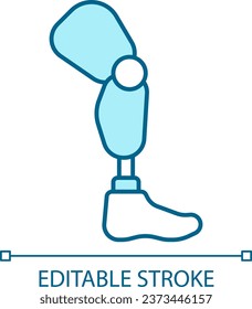 2D pixel perfect editable blue prosthetic leg icon, isolated monochromatic vector, thin line illustration representing medical care equipment.