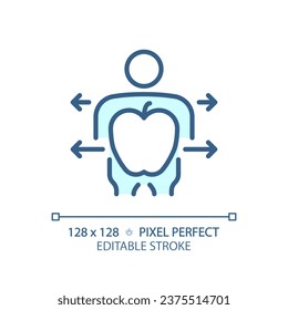 2D pixel perfect editable blue healthy human and fruit icon, isolated monochromatic vector, thin line illustration representing metabolic health.