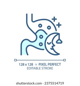2D pixel perfect editable blue digestive system with sleep icon, isolated monochromatic vector, thin line illustration representing metabolic health.