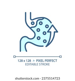 Icono de reflujo de ácido azul perfecto en píxeles 2D, vector monocromático aislado, ilustración de línea delgada que representa la salud metabólica.
