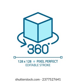 2D pixel perfect editable blue VR 360 icon, isolated monochromatic vector, thin line illustration representing VR, AR and MR.