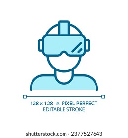 2D pixel perfect editable blue virtual reality simulator icon, isolated monochromatic vector, thin line illustration representing VR, AR and MR.