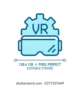 2D pixel perfect editable blue VR goggles icon, isolated monochromatic vector, thin line illustration representing VR, AR and MR.