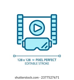 2D pixel perfect editable blue VR goggles and entertainment icon, isolated monochromatic vector, thin line illustration representing VR, AR and MR.
