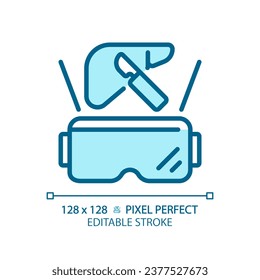 2D pixel perfect editable blue futuristic device and VR goggles icon, isolated monochromatic vector, thin line illustration representing VR, AR and MR.