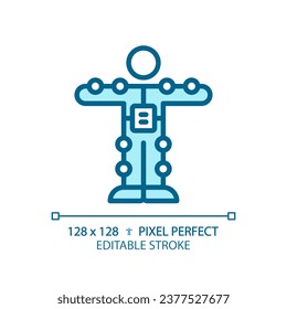 2D pixel perfect editable blue motion capture suit icon, isolated monochromatic vector, thin line illustration representing VR, AR and MR.