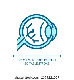 Icono de lluvia azul editable de píxeles 2D, vector monocromático aislado, ilustración de línea delgada que representa cuidado de ojos.