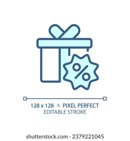 2D pixel perfect editable blue gift hamper icon, isolated monochromatic vector, thin line illustration representing discounts.