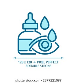 2D pixel perfect editable blue eye drop icon, isolated monochromatic vector, thin line illustration representing eye care.